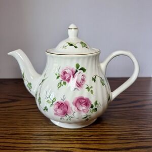 Vtg Arthur Wood & Son England 6605 Teapot With Lid Roses Pink Red